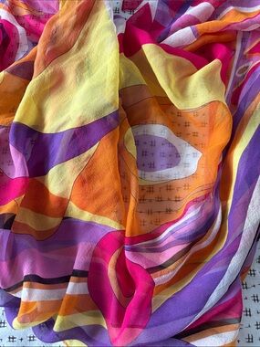 Silk chiffon scarf, large, pinks/yellow/orange/black, 38x39”